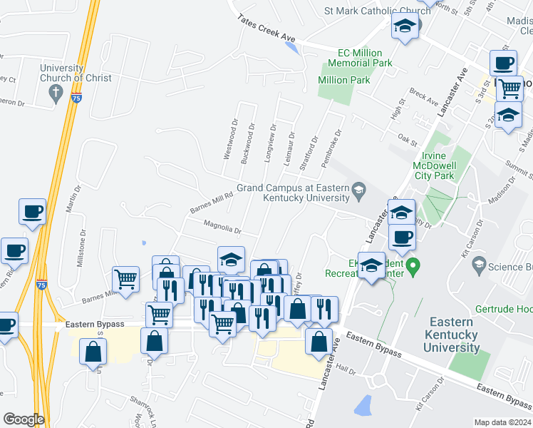 map of restaurants, bars, coffee shops, grocery stores, and more near 111 Meadowlark Drive in Richmond