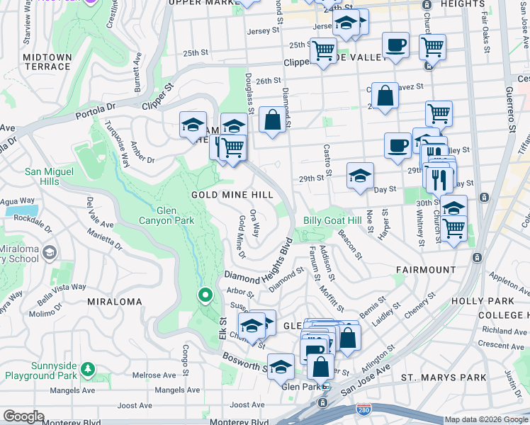 map of restaurants, bars, coffee shops, grocery stores, and more near 45 Ora Way in San Francisco