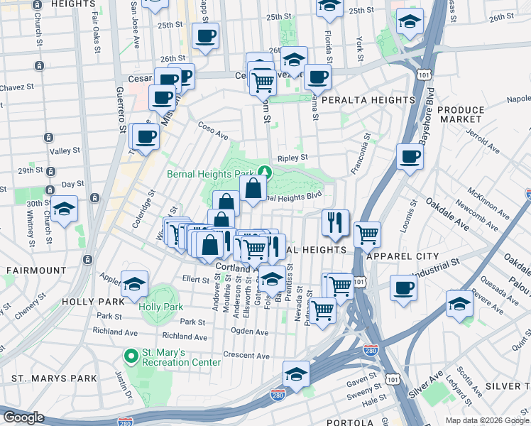 map of restaurants, bars, coffee shops, grocery stores, and more near 3600 Folsom Street in San Francisco