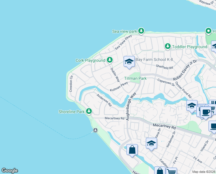 map of restaurants, bars, coffee shops, grocery stores, and more near 18 Applegate Way in Alameda