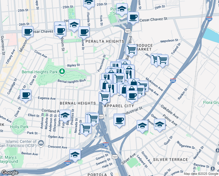 map of restaurants, bars, coffee shops, grocery stores, and more near 367 Bayshore Boulevard in San Francisco