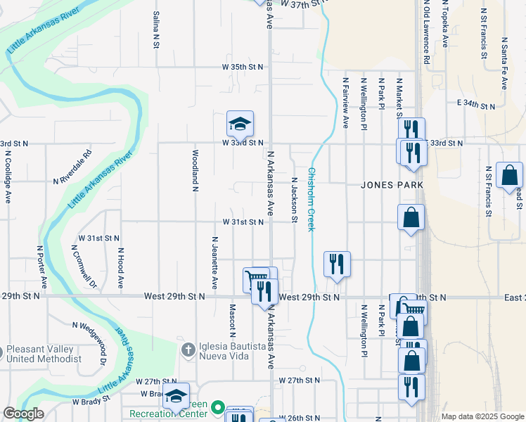 map of restaurants, bars, coffee shops, grocery stores, and more near 3233 North Arkansas Avenue in Wichita