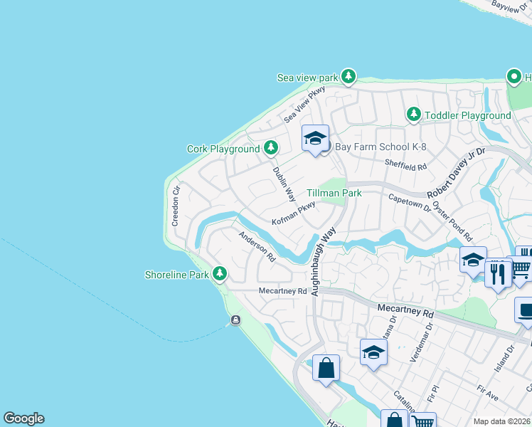 map of restaurants, bars, coffee shops, grocery stores, and more near 18 Applegate Way in Alameda