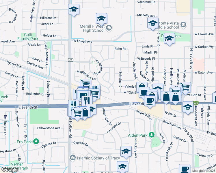 map of restaurants, bars, coffee shops, grocery stores, and more near 1251 Heatherfield Court in Tracy