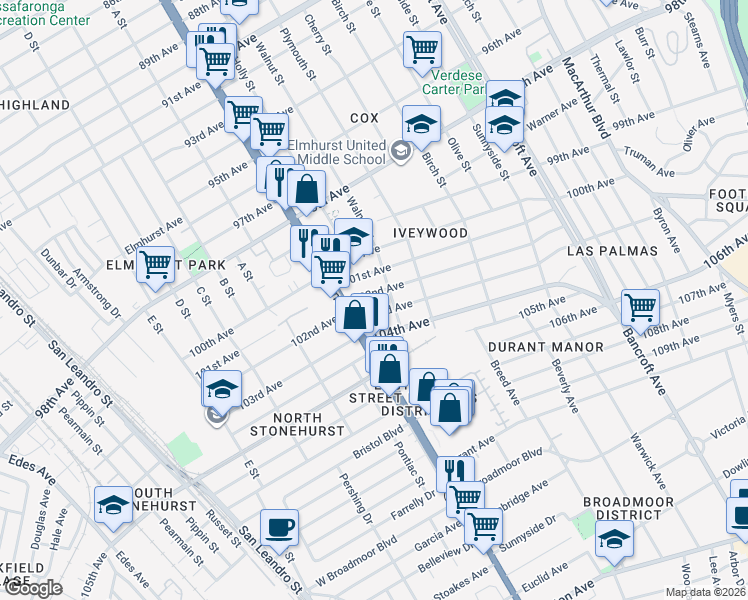 map of restaurants, bars, coffee shops, grocery stores, and more near 1428 102nd Avenue in Oakland