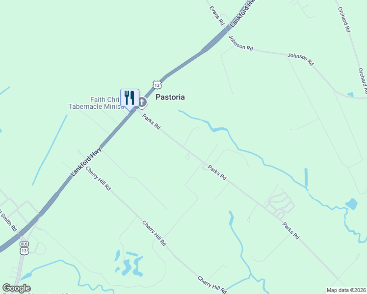 map of restaurants, bars, coffee shops, grocery stores, and more near 21427 Hunters Woods Road in Parksley