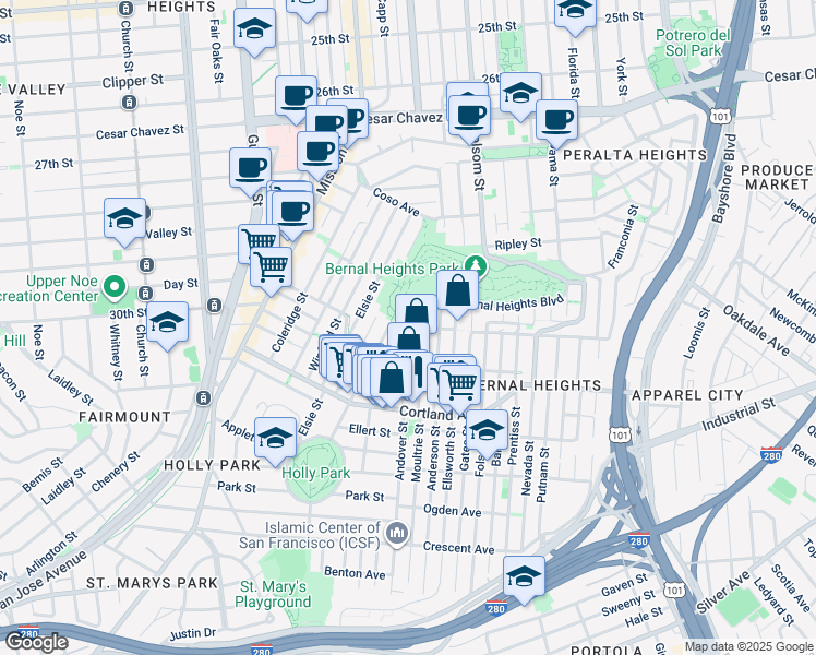 map of restaurants, bars, coffee shops, grocery stores, and more near 100 Andover St in San Francisco