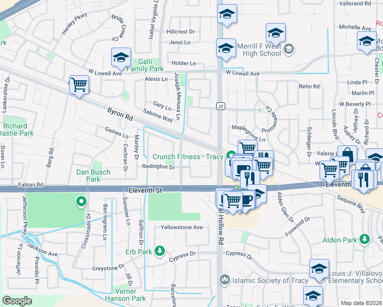 map of restaurants, bars, coffee shops, grocery stores, and more near 2193 Penny Lane in Tracy