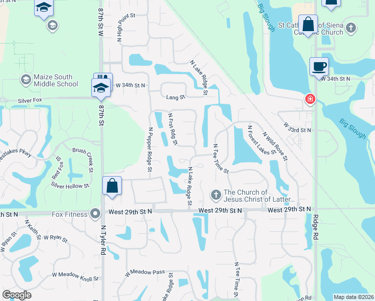 map of restaurants, bars, coffee shops, grocery stores, and more near 8111 West Westlakes Street in Wichita