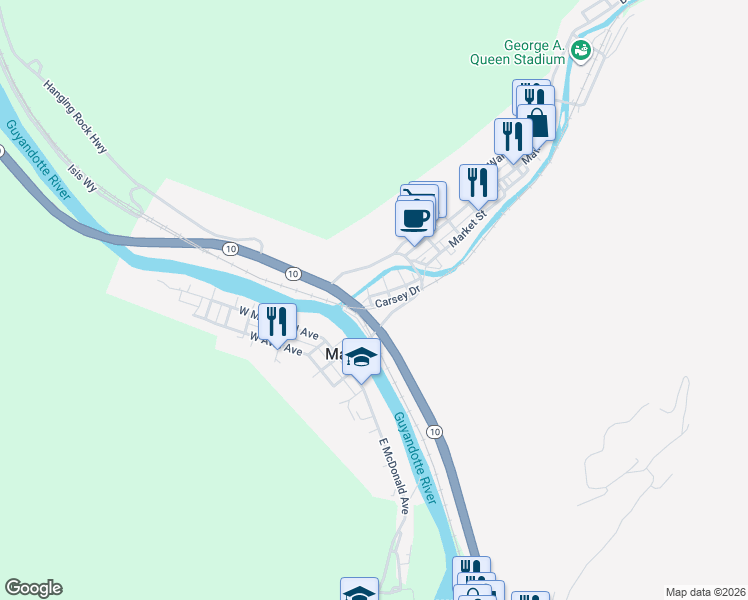 map of restaurants, bars, coffee shops, grocery stores, and more near 110 Carsey Drive in Man