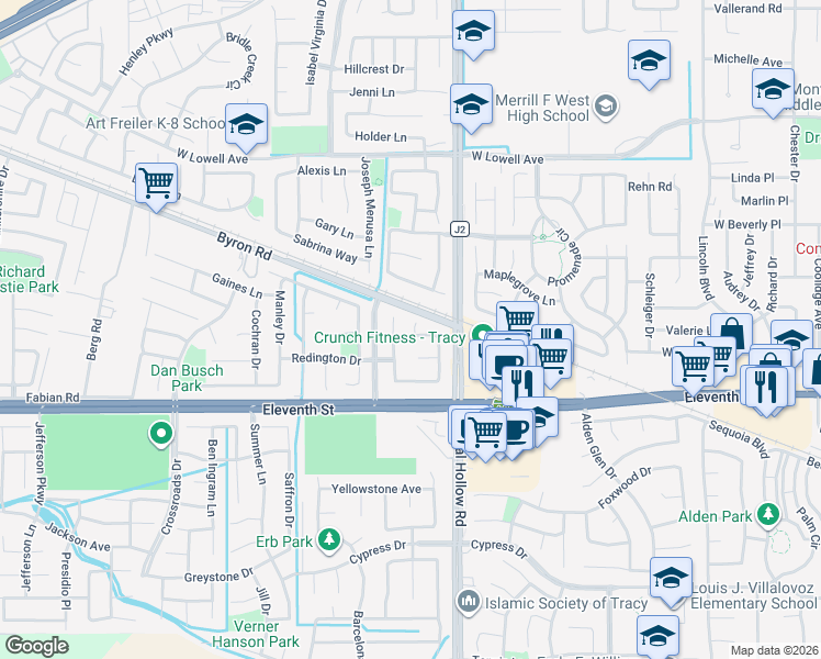map of restaurants, bars, coffee shops, grocery stores, and more near 2133 Penny Lane in Tracy