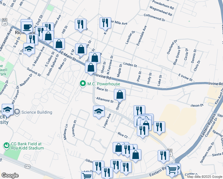 map of restaurants, bars, coffee shops, grocery stores, and more near 1017 Race Street in Richmond