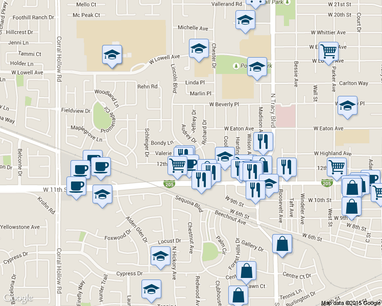map of restaurants, bars, coffee shops, grocery stores, and more near Lincoln Boulevard & Richard Drive in Tracy