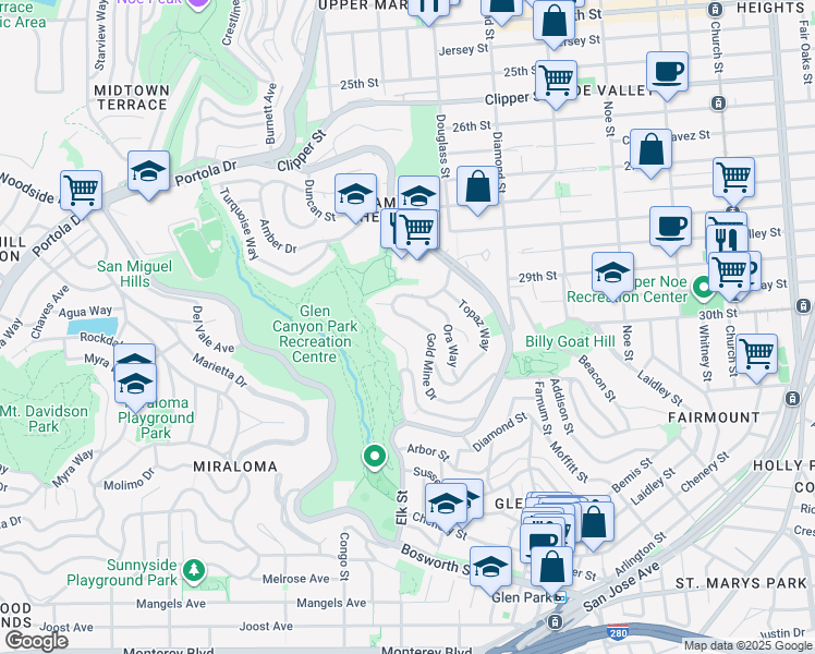 map of restaurants, bars, coffee shops, grocery stores, and more near 256 Gold Mine Drive in San Francisco