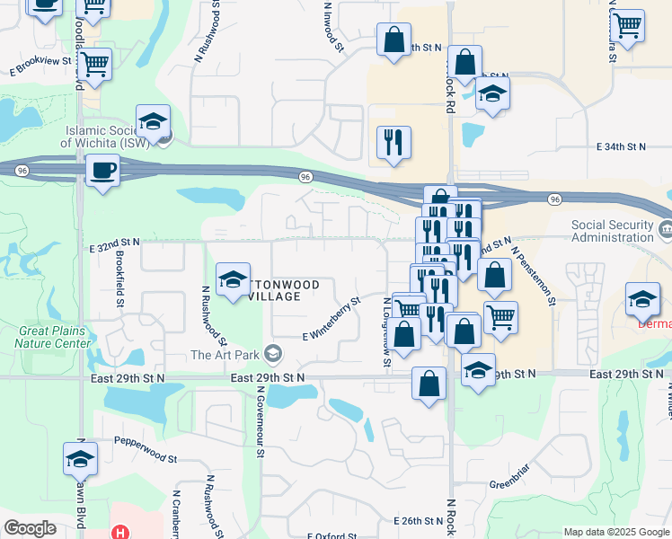 map of restaurants, bars, coffee shops, grocery stores, and more near 7534 East Winterberry Court in Wichita