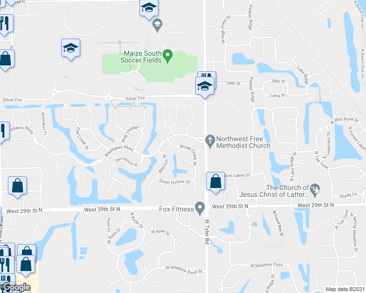 map of restaurants, bars, coffee shops, grocery stores, and more near 3226 Brush Creek Street in Wichita