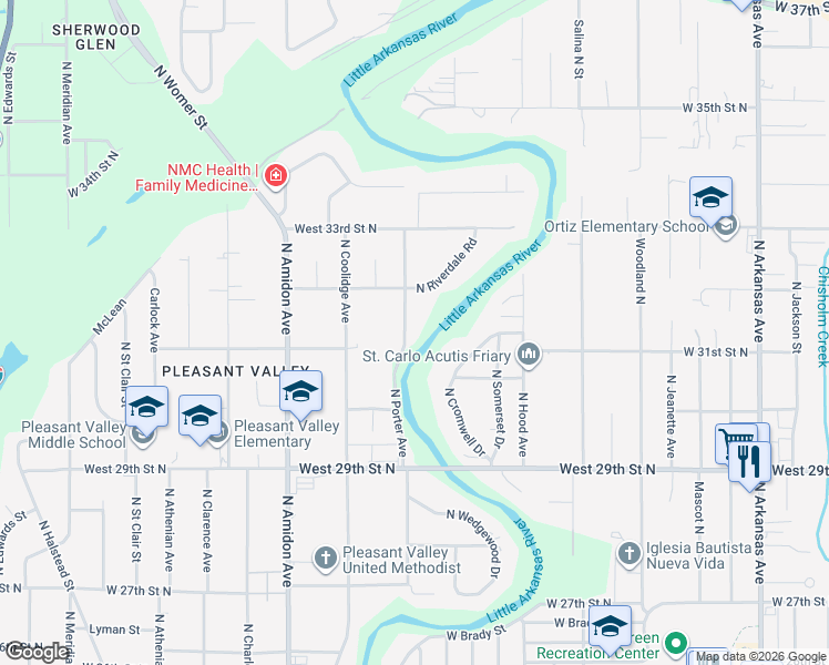 map of restaurants, bars, coffee shops, grocery stores, and more near 3206 N Porter Ave in Wichita