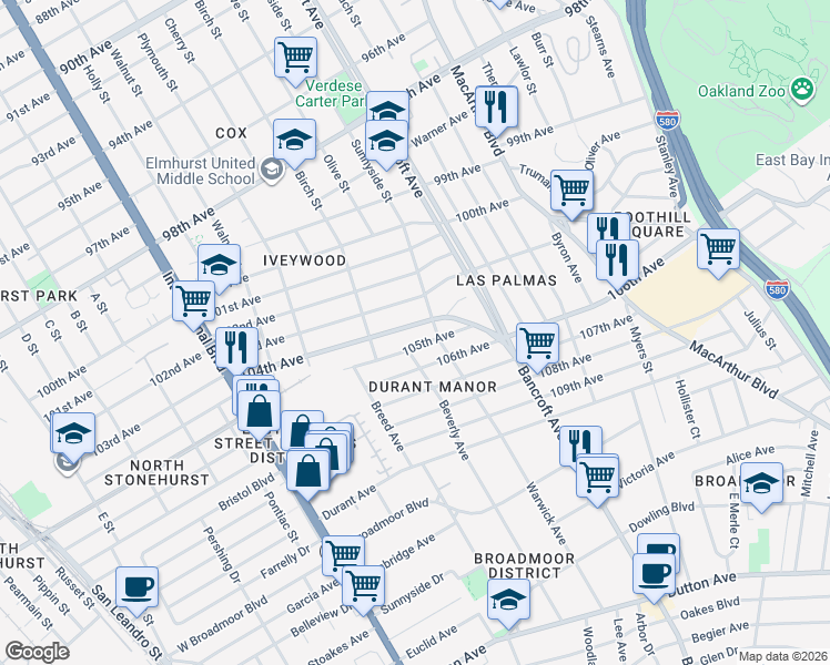 map of restaurants, bars, coffee shops, grocery stores, and more near 2016 104th Avenue in Oakland