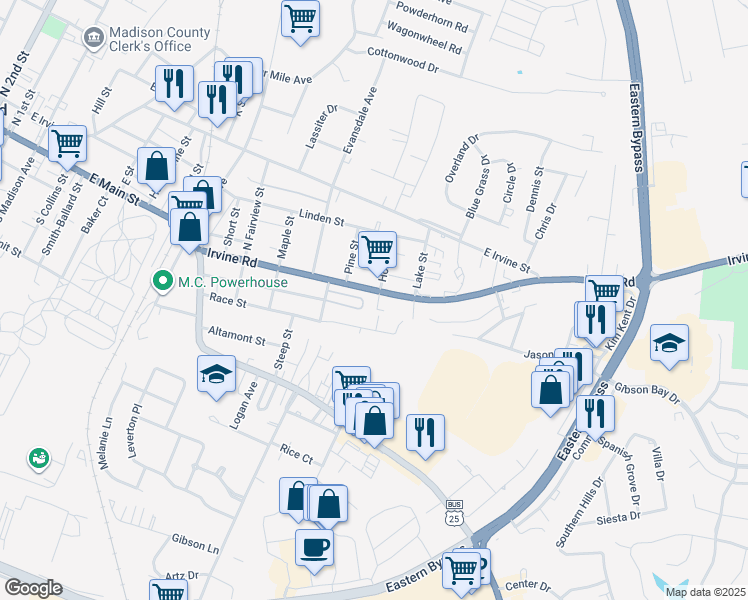 map of restaurants, bars, coffee shops, grocery stores, and more near 1424 East Main Street in Richmond