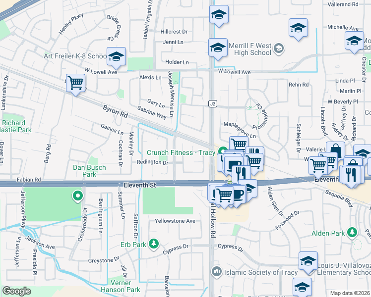 map of restaurants, bars, coffee shops, grocery stores, and more near 2133 Penny Lane in Tracy