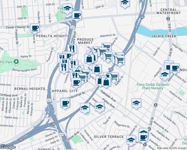 map of restaurants, bars, coffee shops, grocery stores, and more near 2101-2199 McKinnon Ave in San Francisco