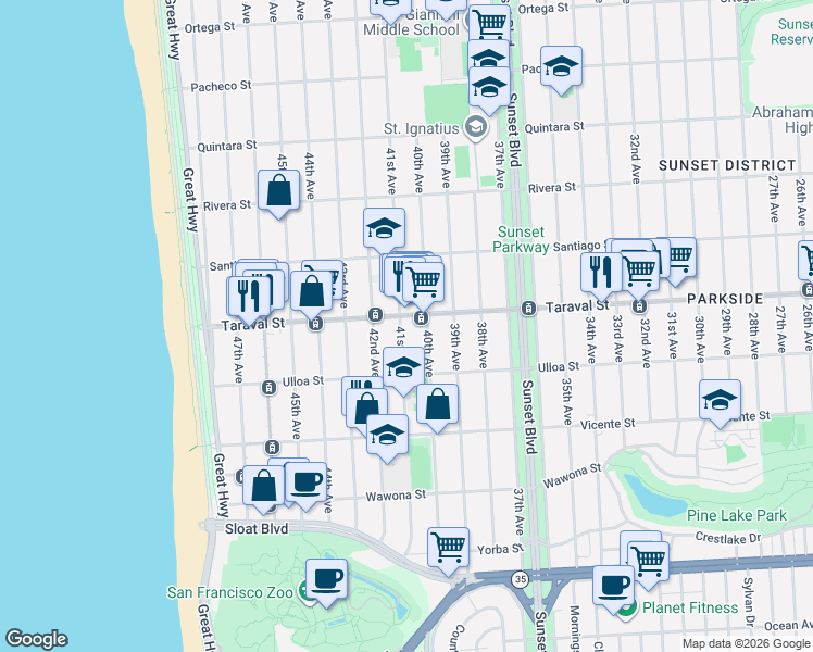 map of restaurants, bars, coffee shops, grocery stores, and more near 2426 41st Avenue in San Francisco