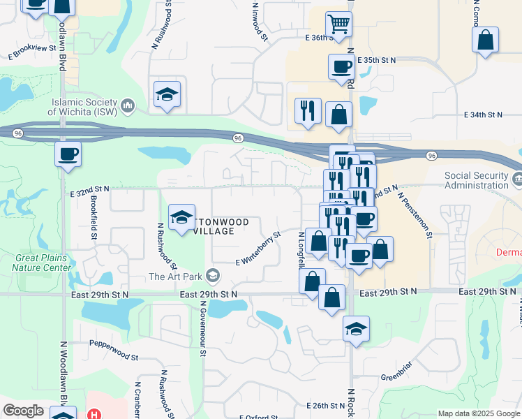 map of restaurants, bars, coffee shops, grocery stores, and more near 7534 East Winterberry Court in Wichita