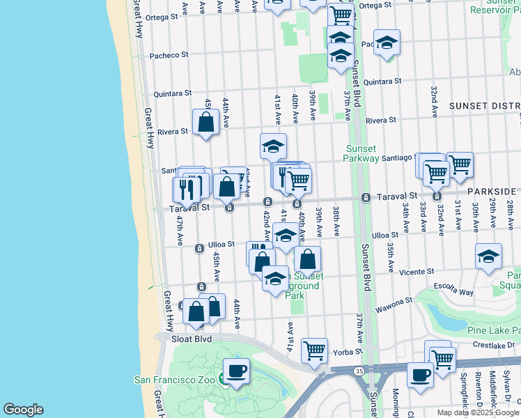 map of restaurants, bars, coffee shops, grocery stores, and more near 2423 42nd Avenue in San Francisco