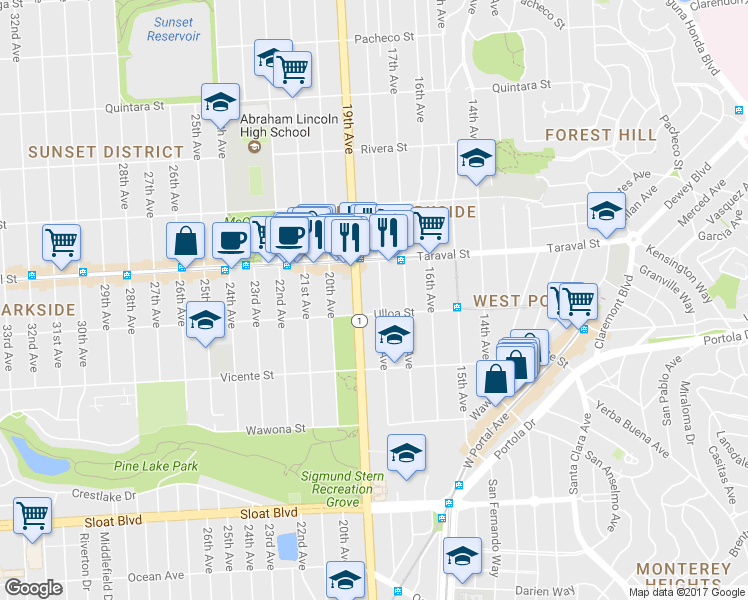 map of restaurants, bars, coffee shops, grocery stores, and more near 2475 18th Avenue in San Francisco