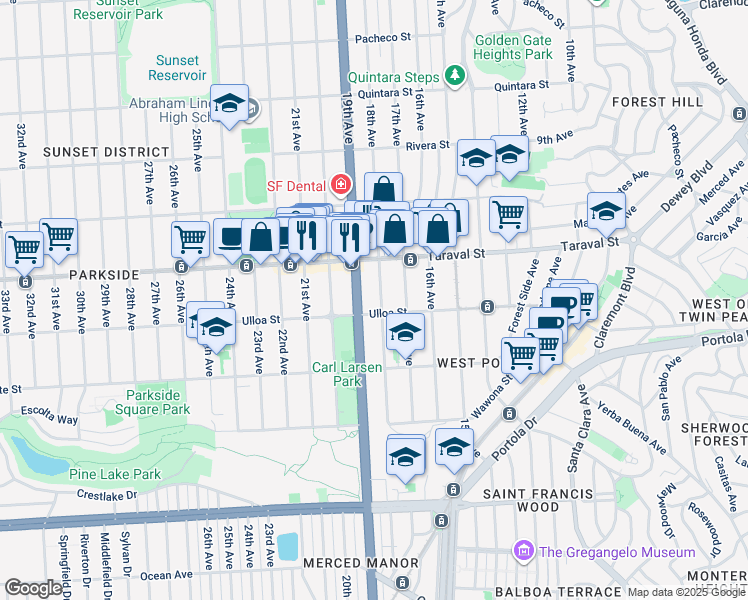 map of restaurants, bars, coffee shops, grocery stores, and more near 2475 18th Avenue in San Francisco