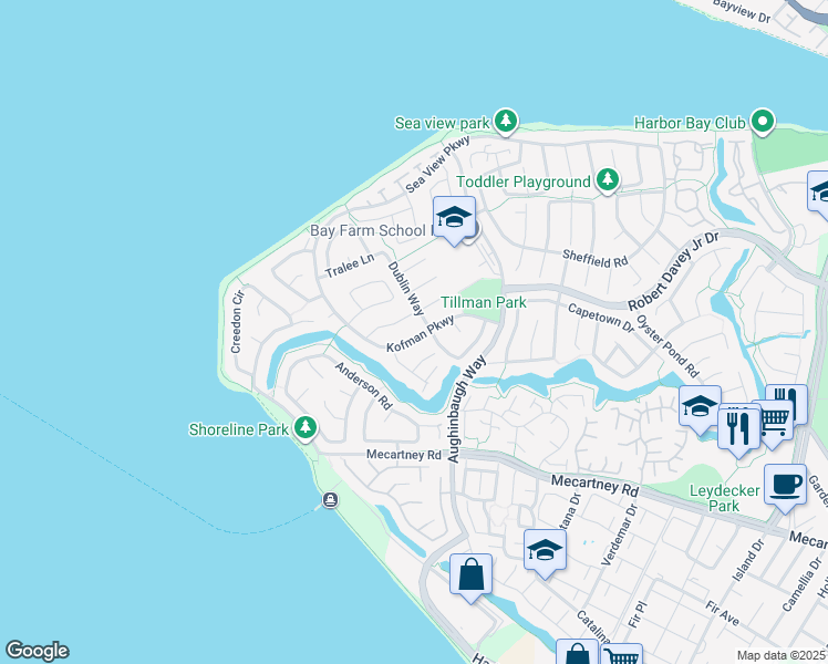 map of restaurants, bars, coffee shops, grocery stores, and more near 1839 Kofman Parkway in Alameda