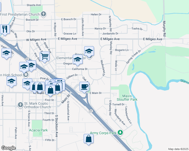 map of restaurants, bars, coffee shops, grocery stores, and more near 194 Mulholand Drive in Ripon