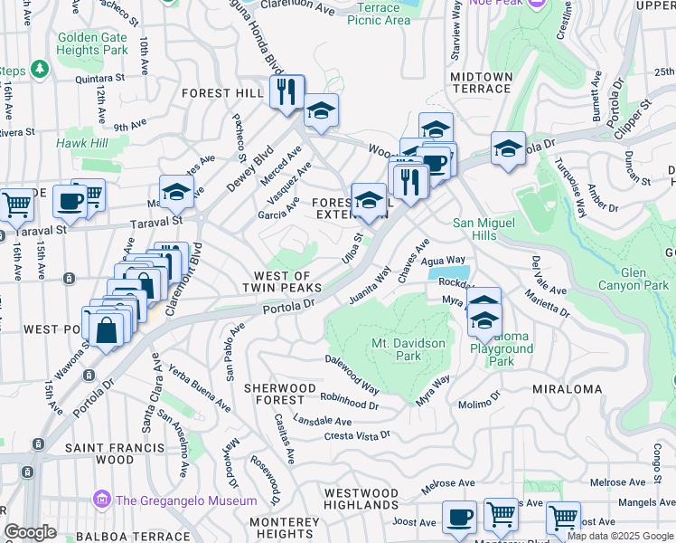map of restaurants, bars, coffee shops, grocery stores, and more near 327 Ulloa Street in San Francisco