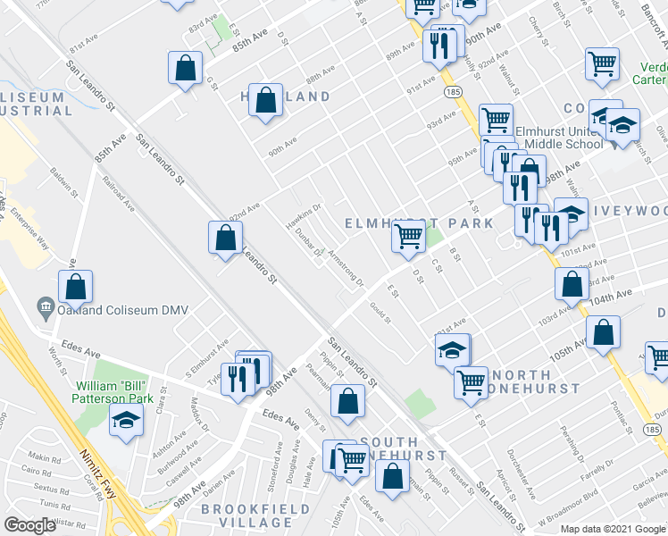 map of restaurants, bars, coffee shops, grocery stores, and more near 9616 Dunbar Drive in Oakland