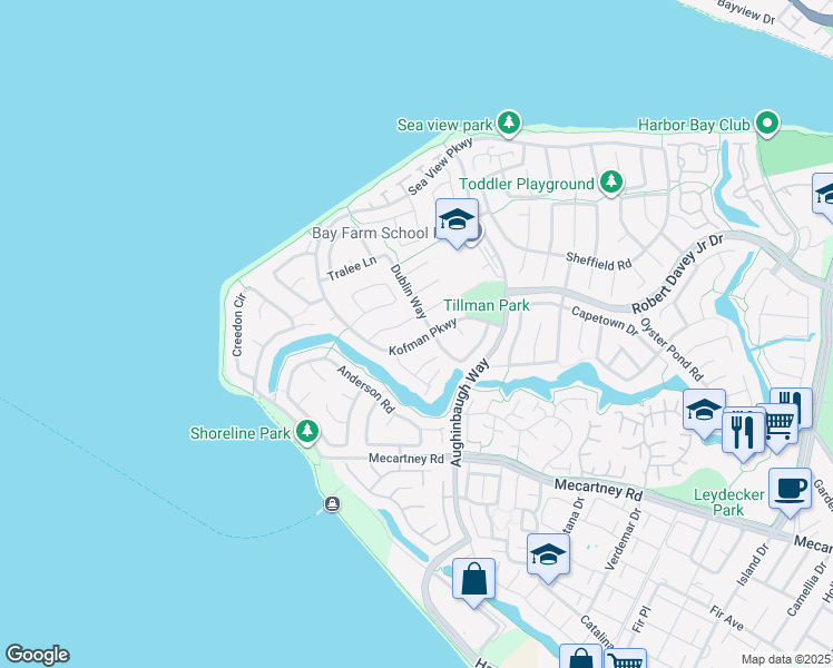 map of restaurants, bars, coffee shops, grocery stores, and more near 1839 Kofman Parkway in Alameda