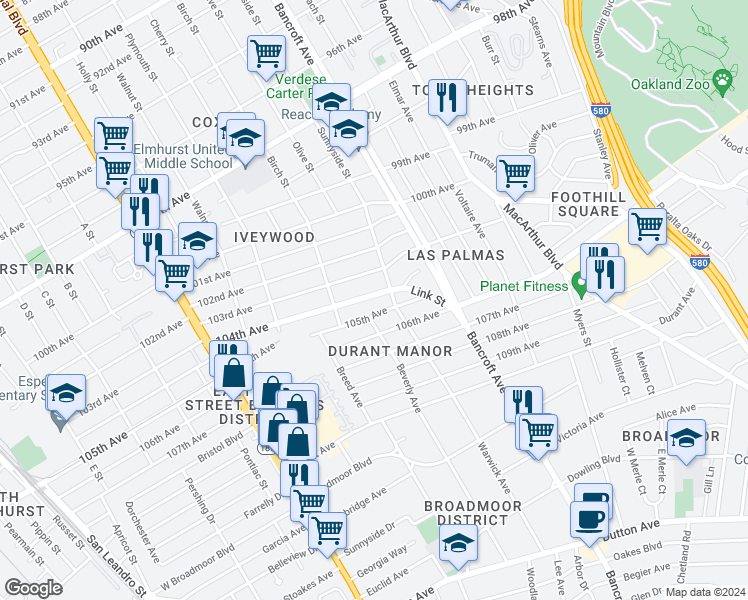 map of restaurants, bars, coffee shops, grocery stores, and more near 2016 104th Avenue in Oakland