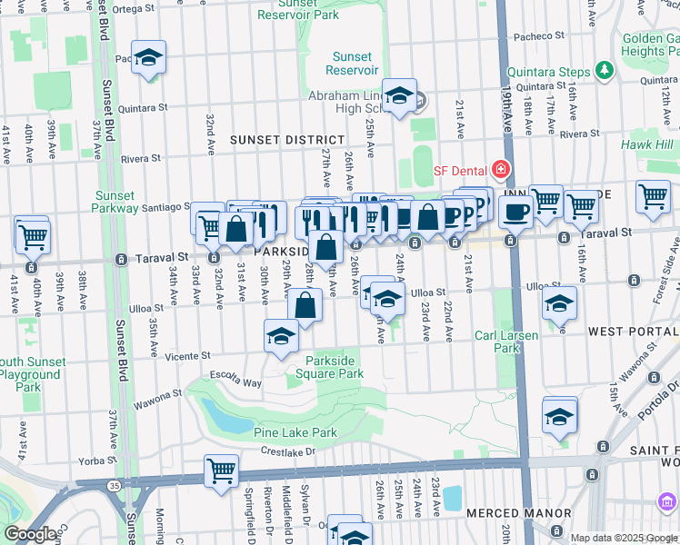 map of restaurants, bars, coffee shops, grocery stores, and more near 2446 27th Avenue in San Francisco