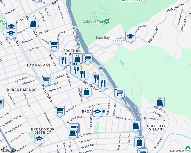 map of restaurants, bars, coffee shops, grocery stores, and more near 10933 Julius Street in Oakland