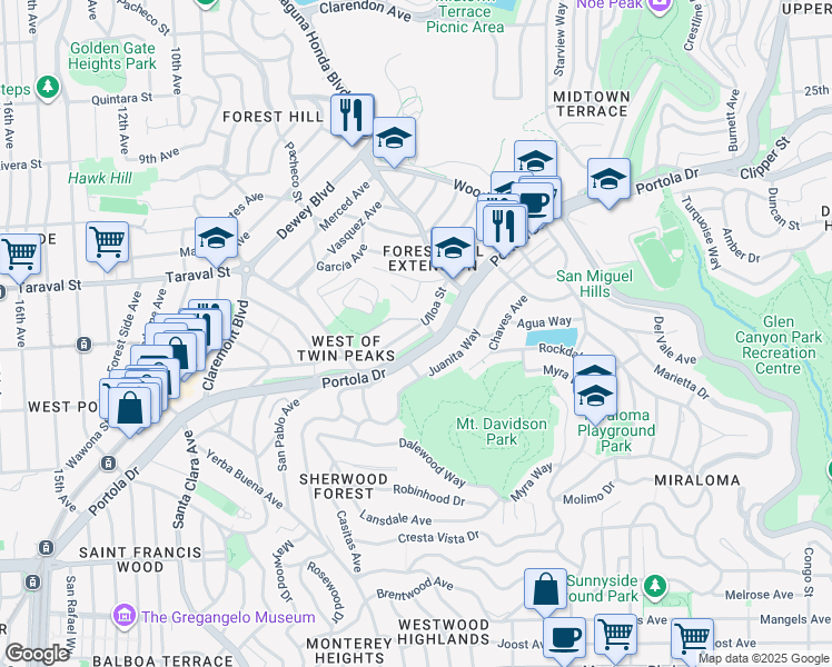 map of restaurants, bars, coffee shops, grocery stores, and more near 327 Ulloa Street in San Francisco