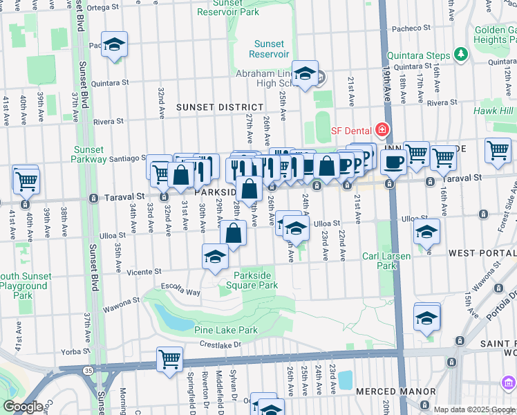 map of restaurants, bars, coffee shops, grocery stores, and more near 2446 27th Avenue in San Francisco