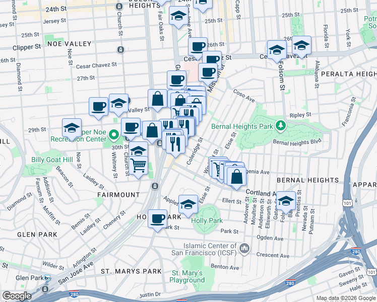 map of restaurants, bars, coffee shops, grocery stores, and more near 315 Coleridge Street in San Francisco