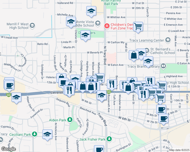 map of restaurants, bars, coffee shops, grocery stores, and more near 1260 Wilson Avenue in Tracy