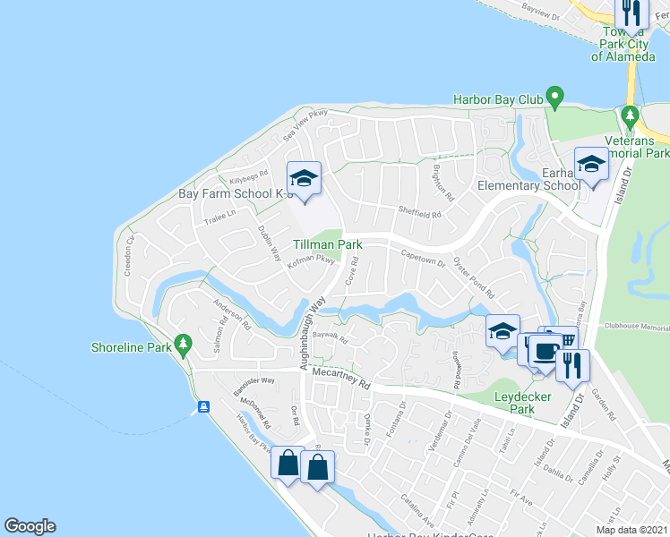 map of restaurants, bars, coffee shops, grocery stores, and more near 35 Cove Road in Alameda