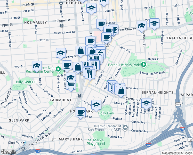 map of restaurants, bars, coffee shops, grocery stores, and more near 315 Coleridge Street in San Francisco