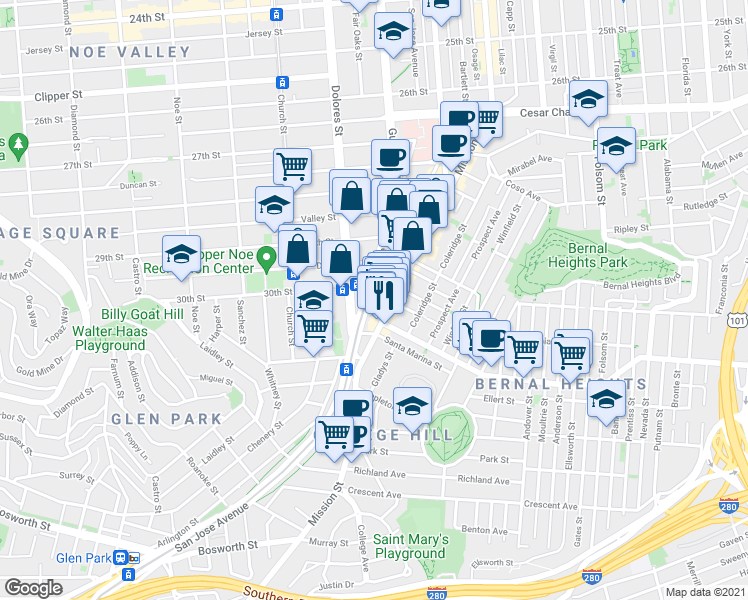 map of restaurants, bars, coffee shops, grocery stores, and more near 3395 Mission Street in San Francisco