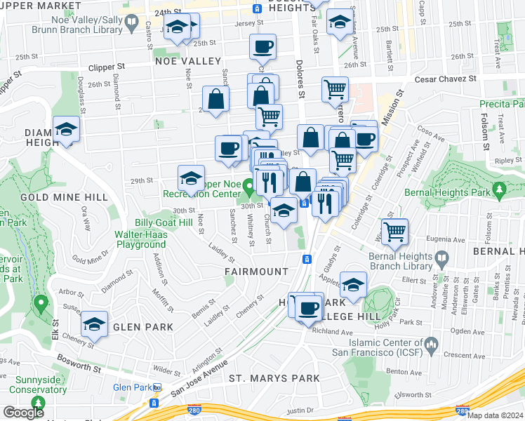 map of restaurants, bars, coffee shops, grocery stores, and more near 1824 Church Street in San Francisco