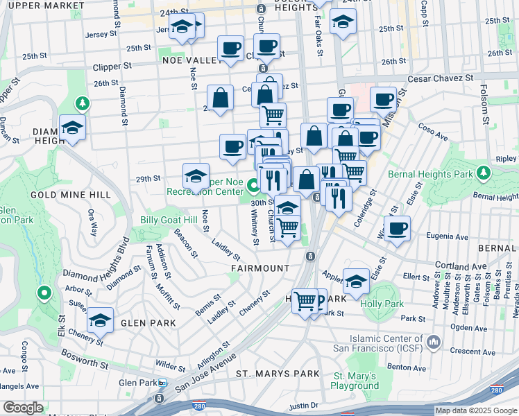map of restaurants, bars, coffee shops, grocery stores, and more near 1824 Church Street in San Francisco