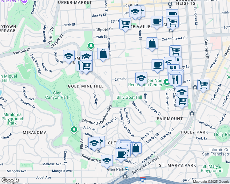 map of restaurants, bars, coffee shops, grocery stores, and more near 395 Beacon Street in San Francisco