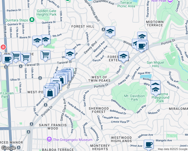 map of restaurants, bars, coffee shops, grocery stores, and more near 129 Granville Way in San Francisco