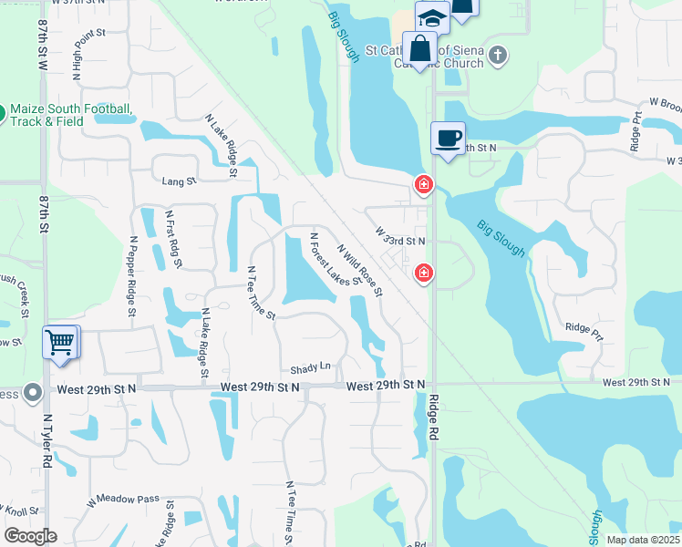 map of restaurants, bars, coffee shops, grocery stores, and more near 3225 North Forest Lakes Street in Wichita